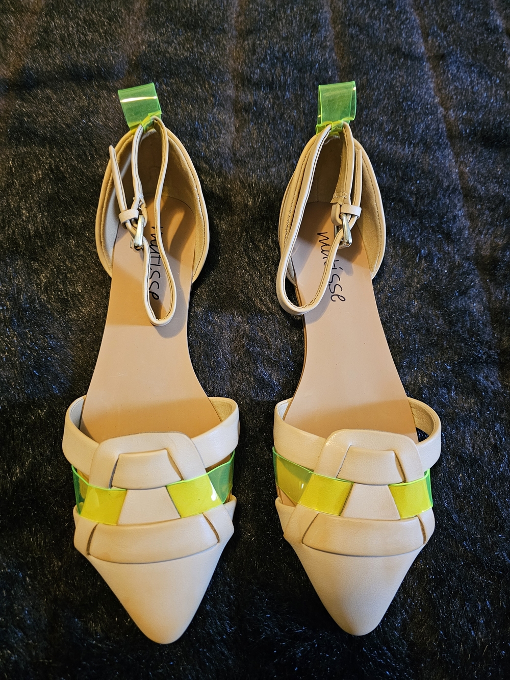 Matisse Nude Pointed Toe Flats with Neon Green Accent